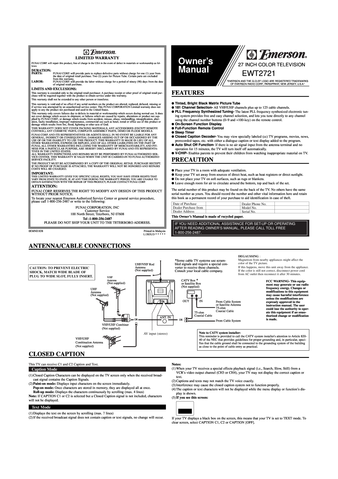 Emerson EWT2721 owner manual Features, Precaution, Antenna/Cable Connections, Closed Caption, Limited Warranty, Text Mode 
