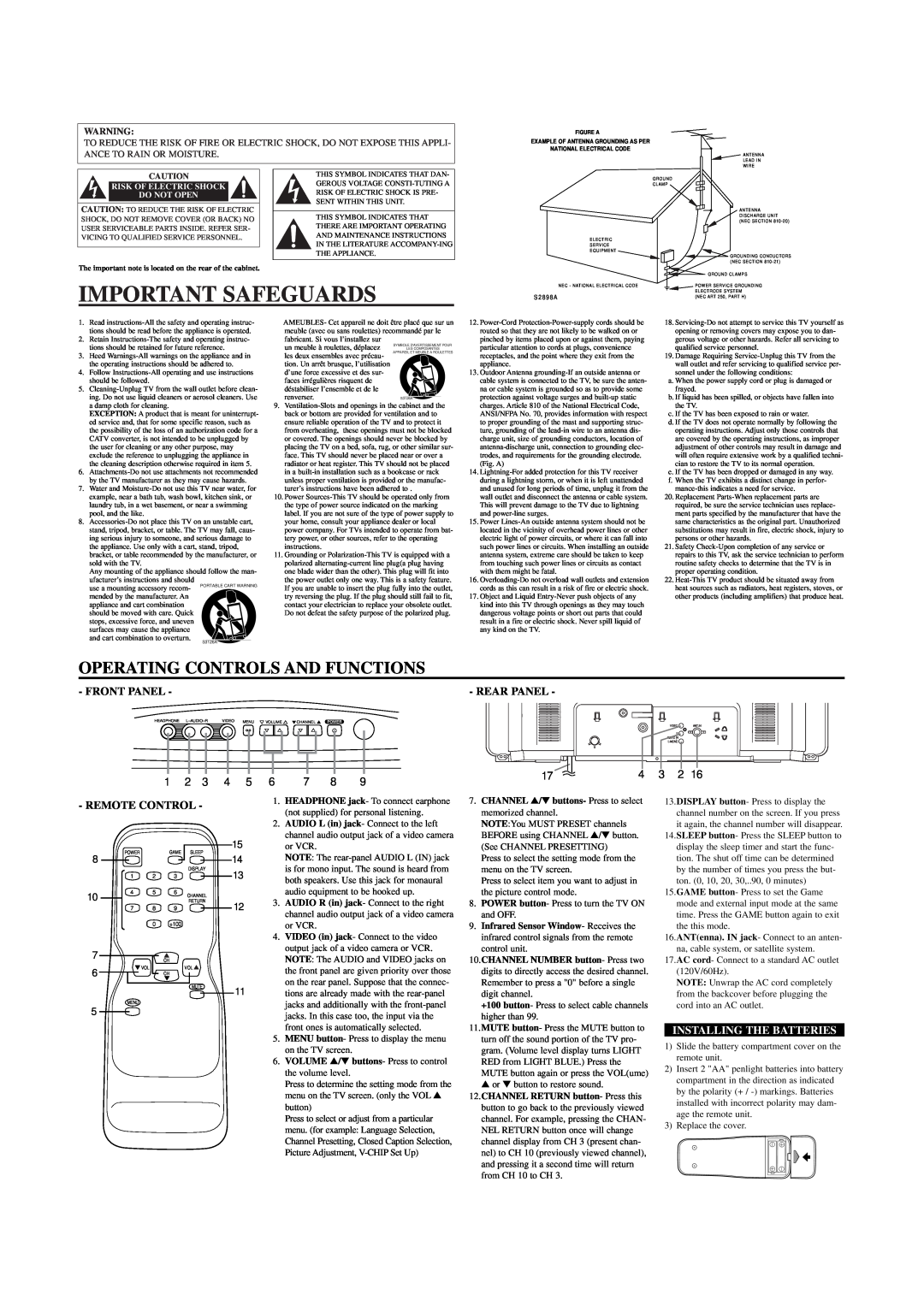 Emerson EWT2721 owner manual Important Safeguards, Rear Panel, 1 2 3 4, 6 7 8, Remote Control, Installing The Batteries 