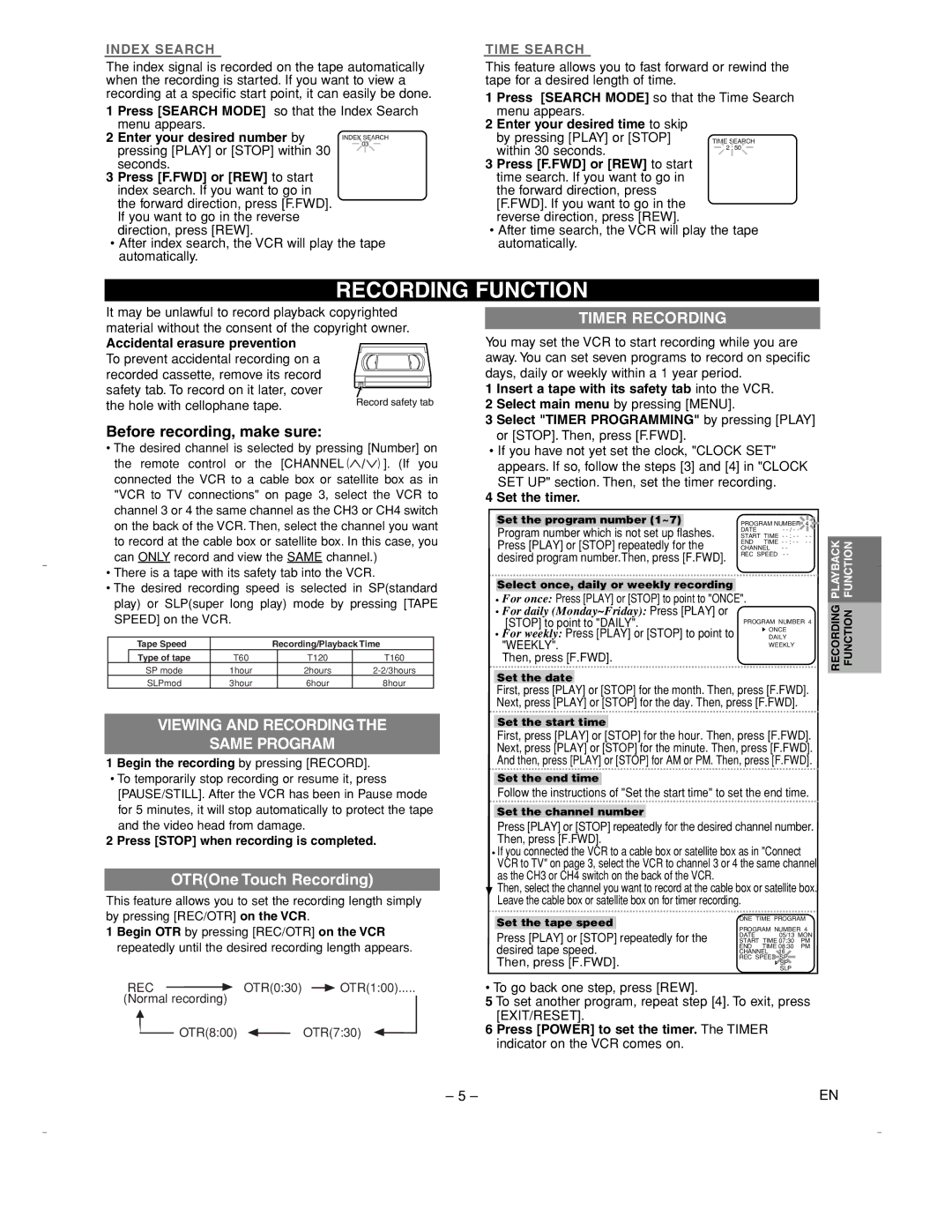 Emerson EWV401A Recording Function, Before recording, make sure, Viewing and Recording Same Program, Timer Recording 