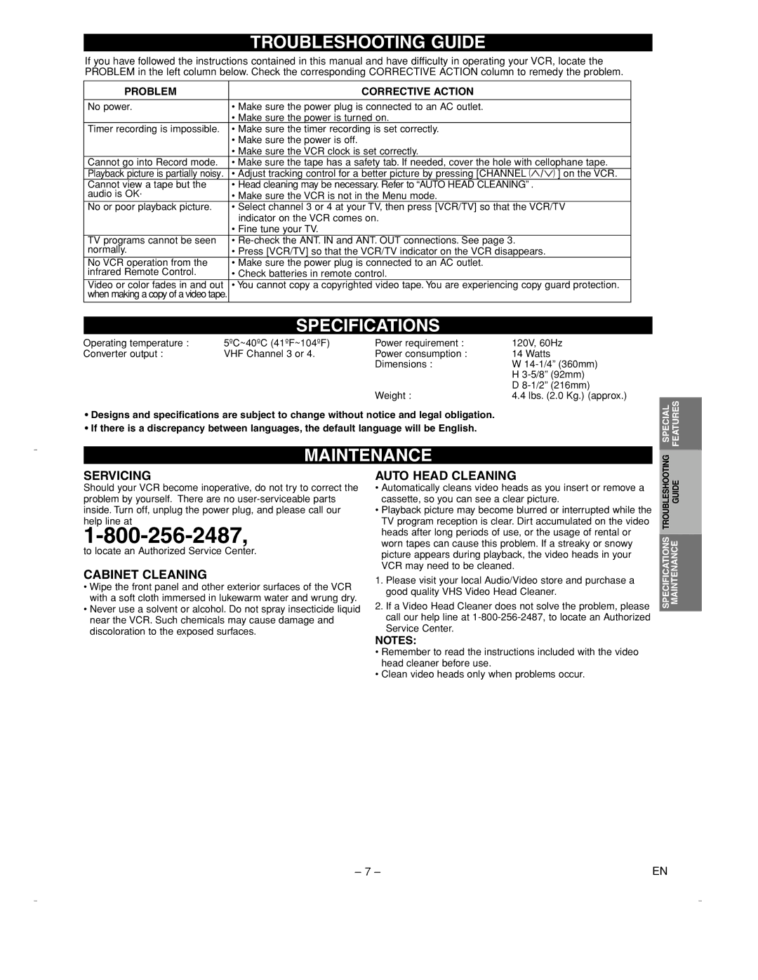 Emerson EWV401A owner manual Troubleshooting Guide, Specifications, Maintenance 