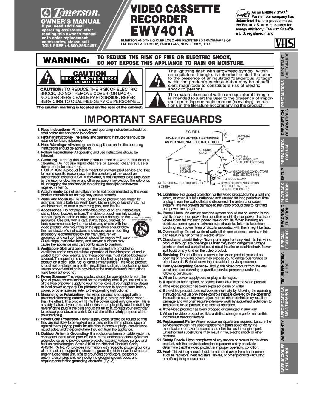 Emerson EWV401A owner manual Important Safeguards, Video Cassette Recorder, Description, Controls 