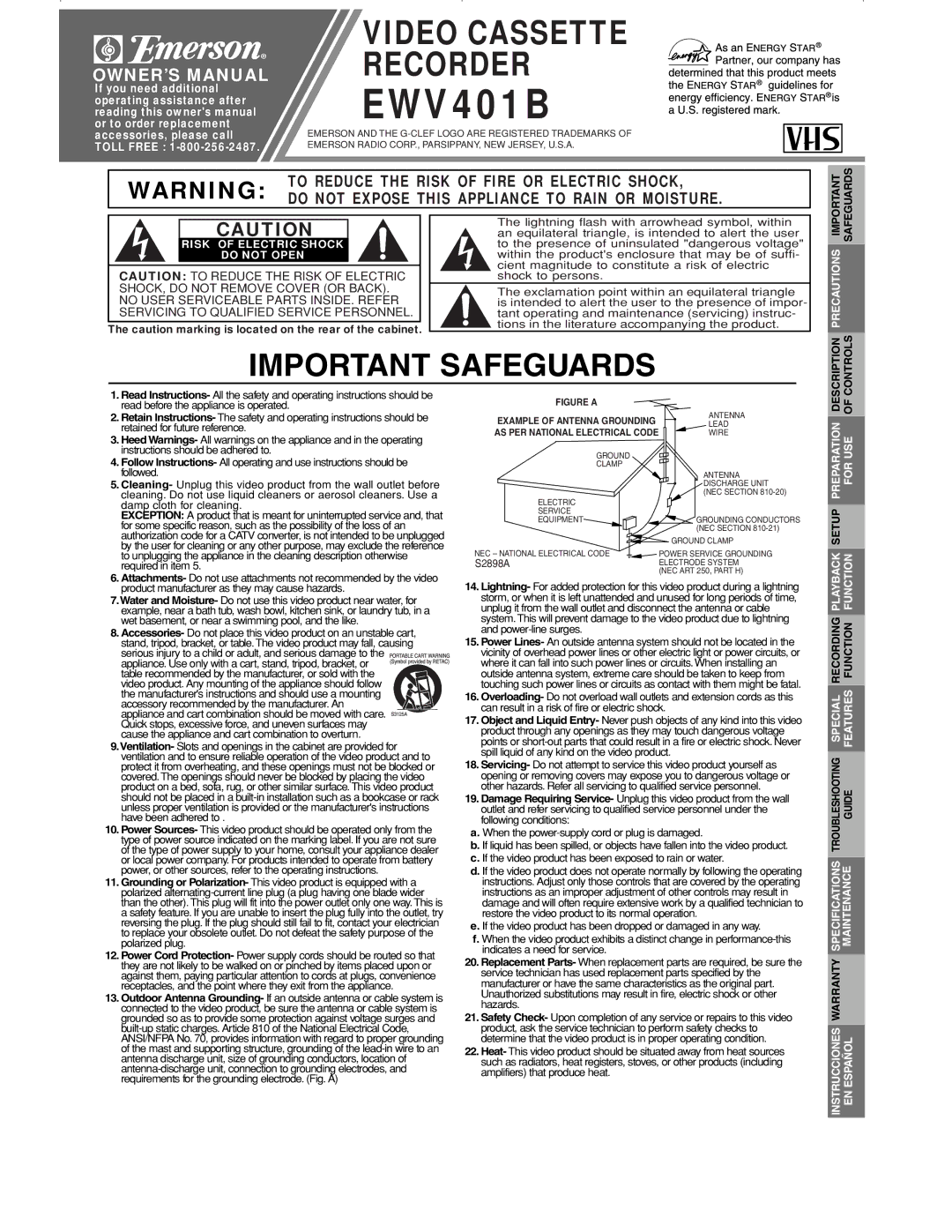 Emerson EWV401B warranty Risk of Electric Shock Do not Open, Precautions, Specifications Maintenance Warranty, EN Español 