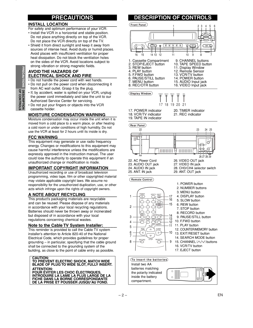 Emerson EWV401B Precautions, Install Location, Avoid the Hazards Electrical Shock and Fire, Moisture Condensation Warning 