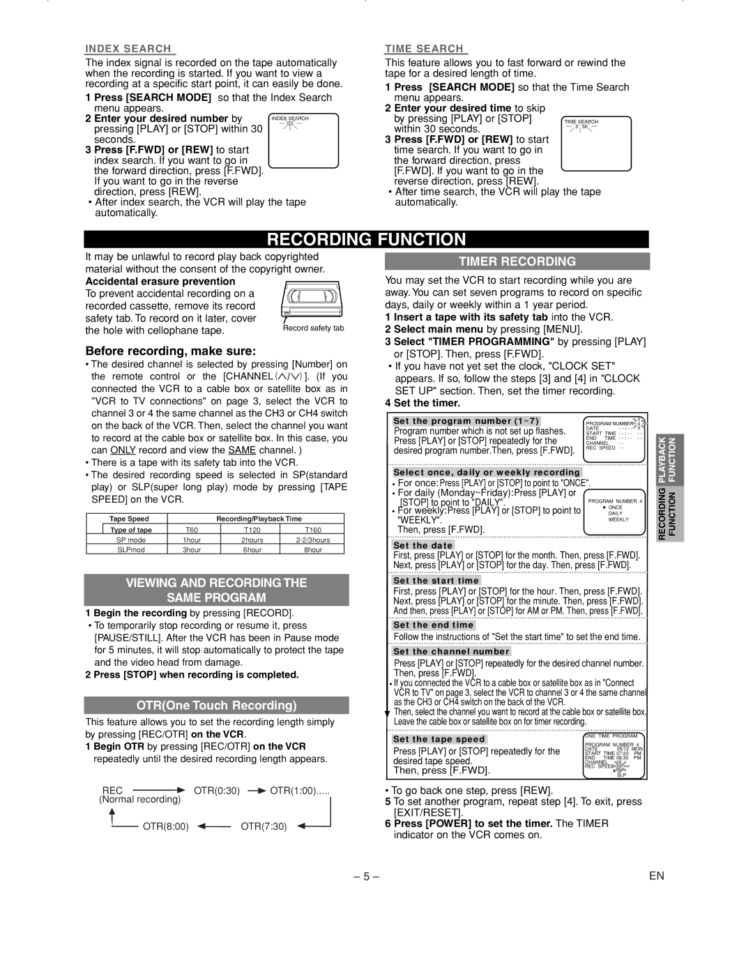 Emerson EWV401B Recording Function, Before recording, make sure, Viewing and Recording Same Program, Timer Recording 