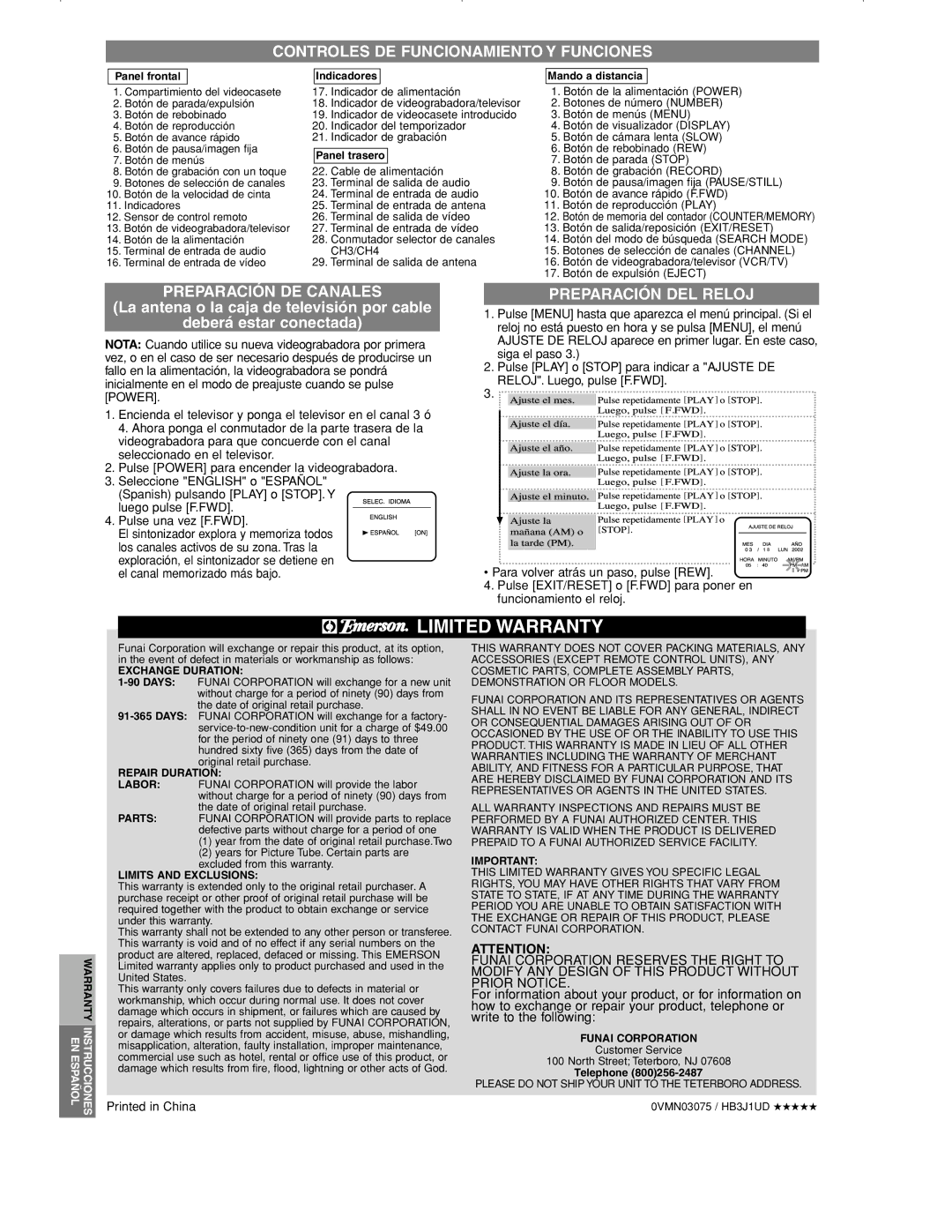 Emerson EWV401B warranty Controles DE Funcionamiento Y Funciones, Preparación DE Canales, Preparación DEL Reloj 