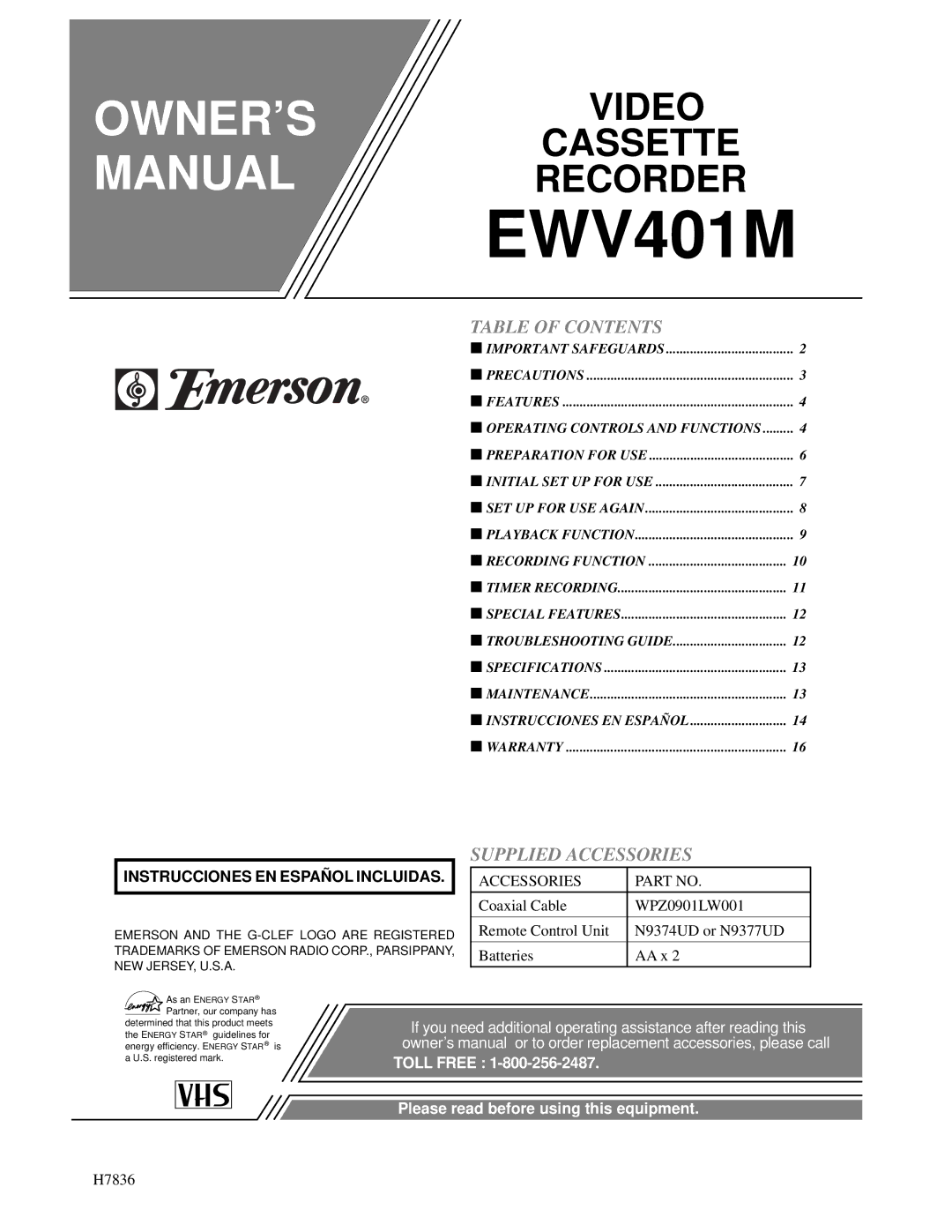 Emerson EWV401M owner manual Table of Contents, Supplied Accessories 