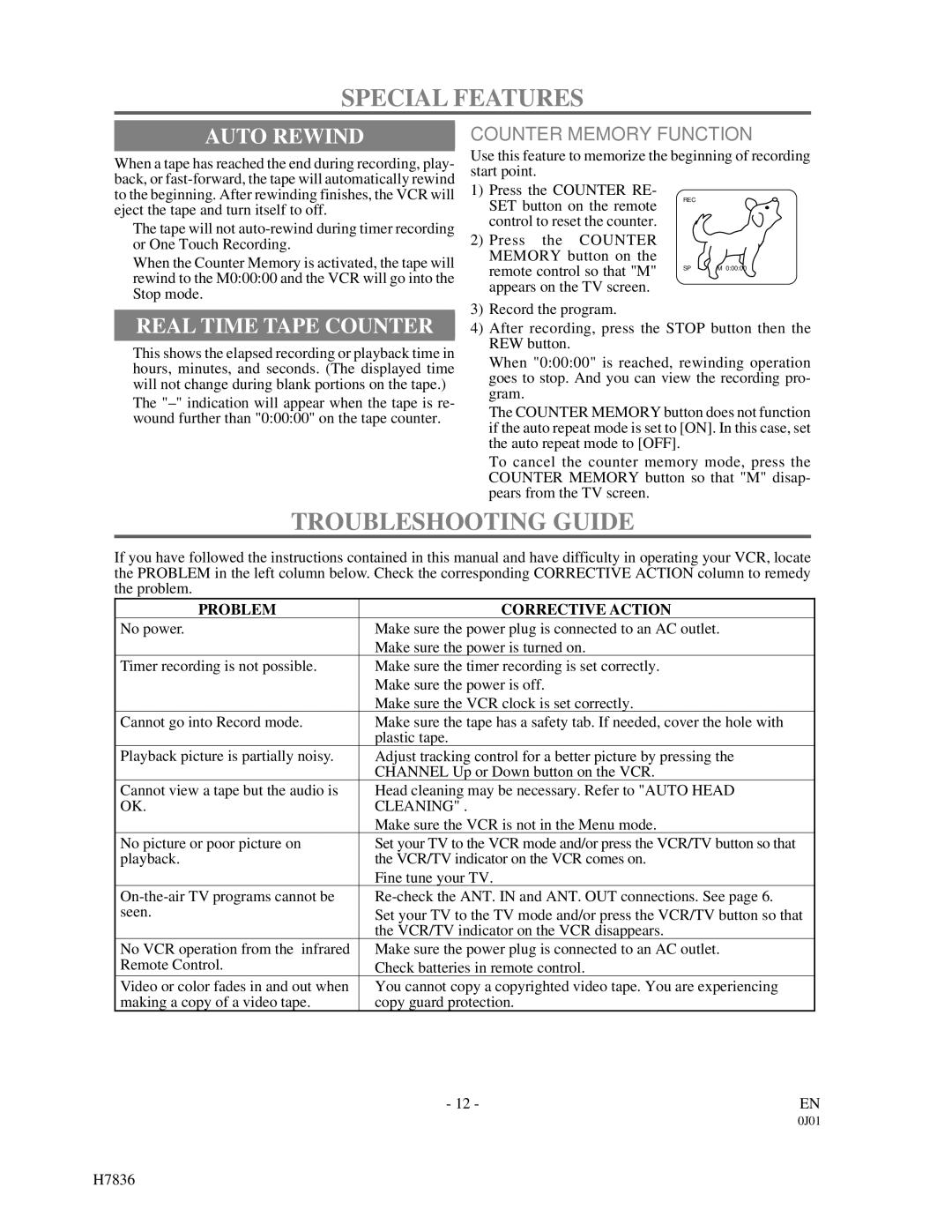 Emerson EWV401M Special Features, Troubleshooting Guide, Auto Rewind, Real Time Tape Counter, Counter Memory Function 