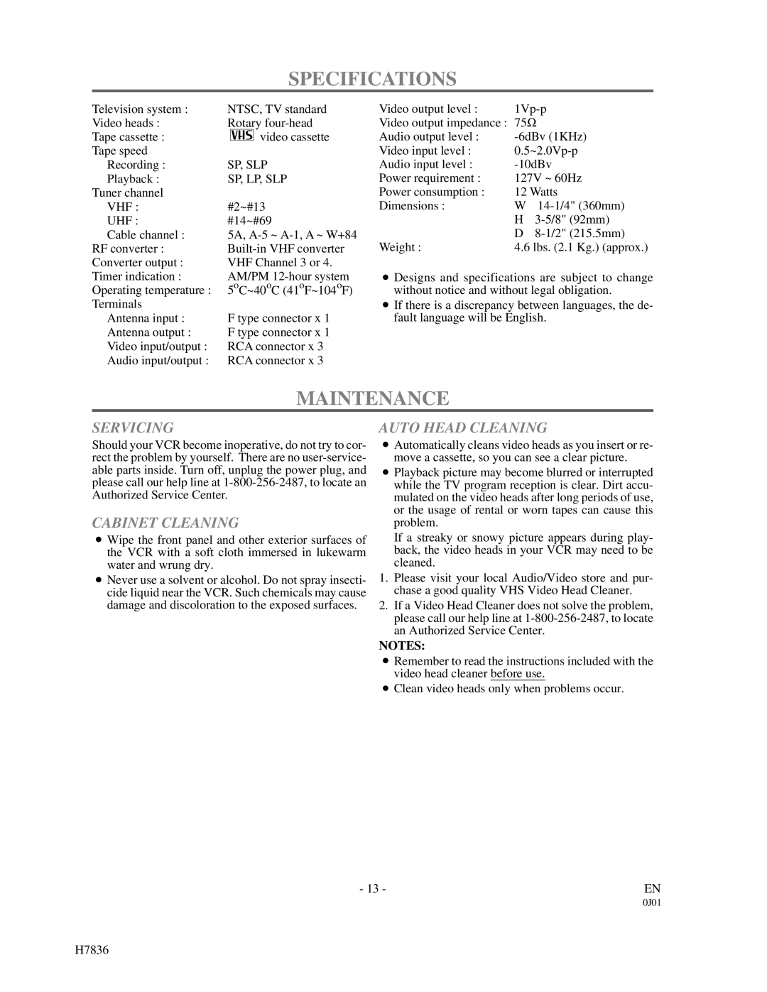 Emerson EWV401M owner manual Specifications, Maintenance, Servicing, Cabinet Cleaning, Auto Head Cleaning 