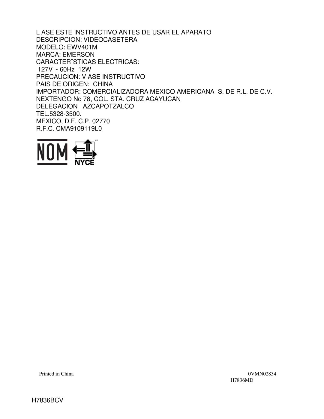 Emerson EWV401M owner manual Delegacion Azcapotzalco 