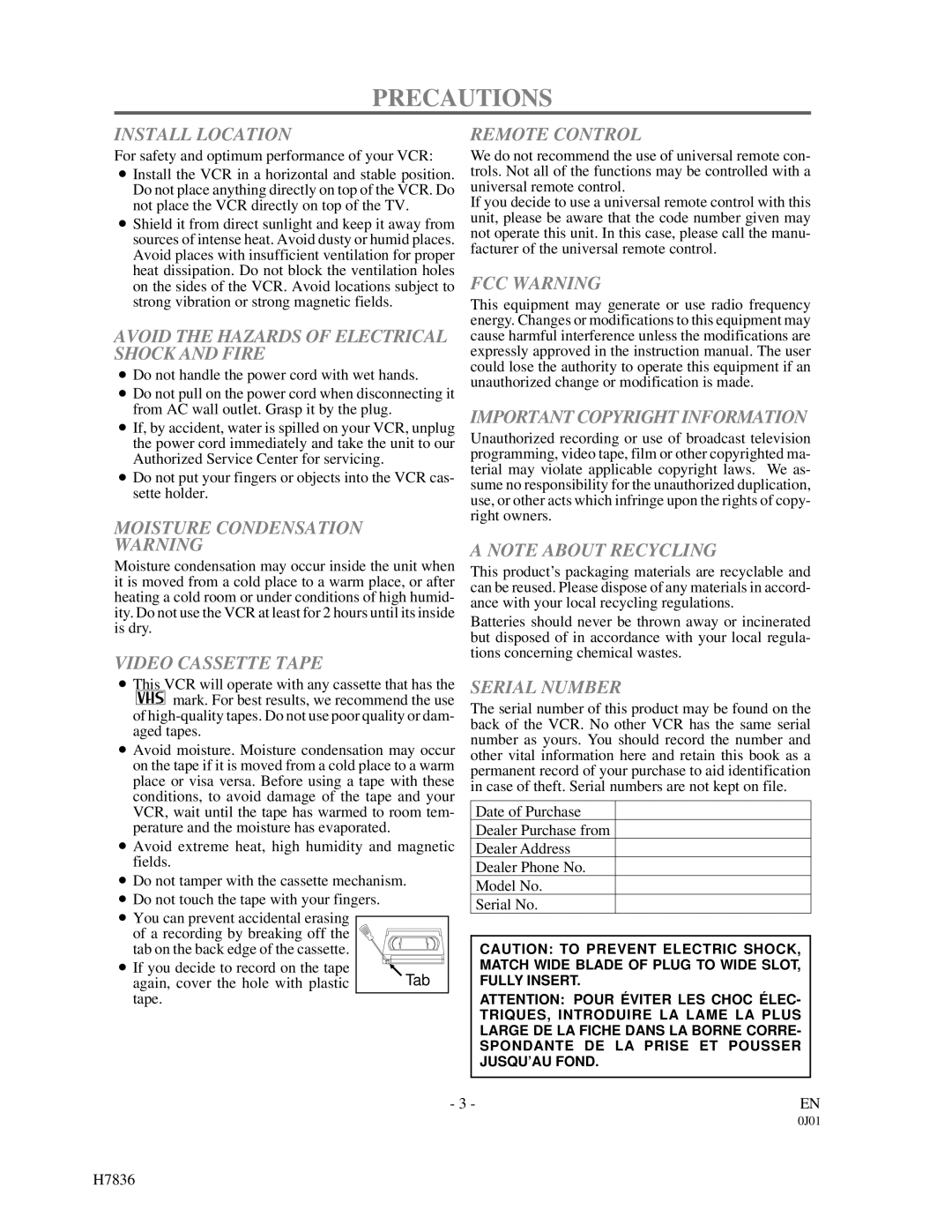 Emerson EWV401M owner manual Precautions 