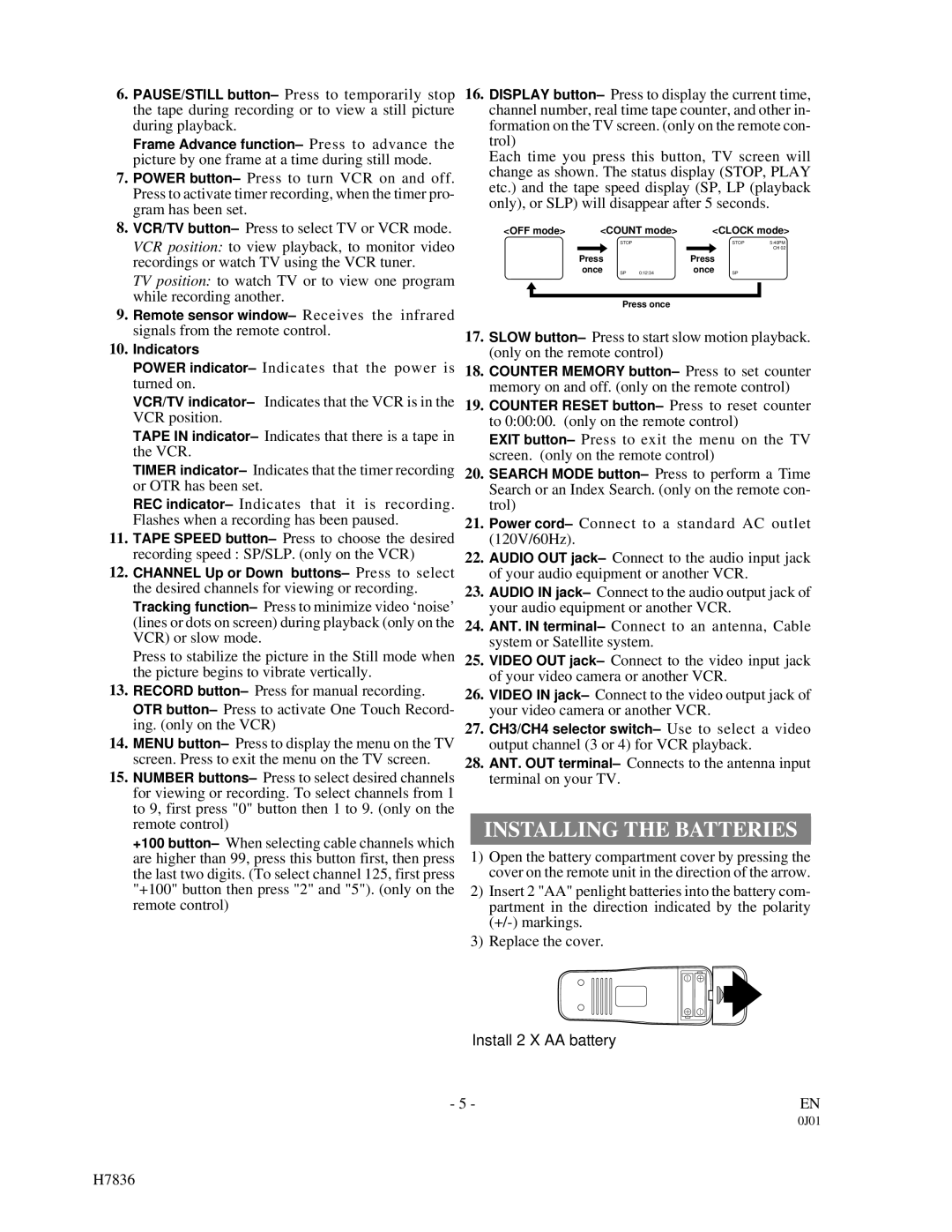 Emerson EWV401M owner manual Installing the Batteries 