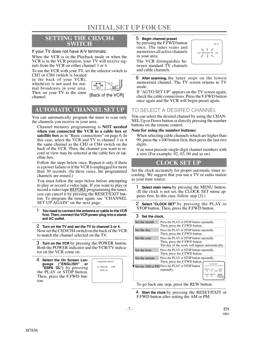 Emerson EWV401M owner manual Initial SET UP for USE, Setting the CH3/CH4 Switch, Automatic Channel SET UP, Clock SET UP 