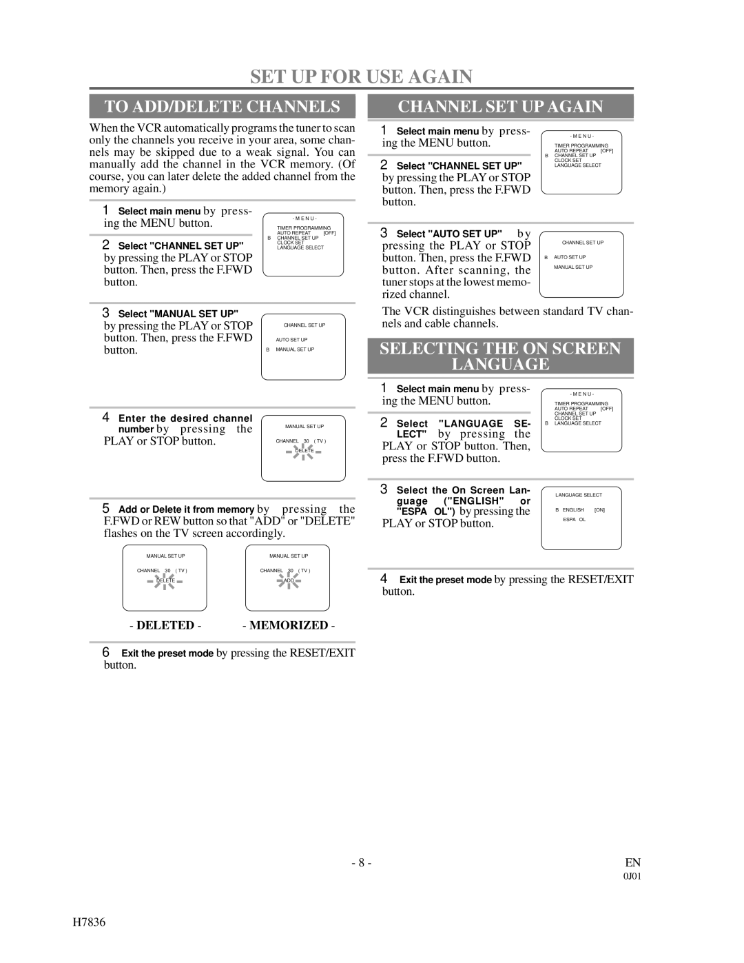 Emerson EWV401M SET UP for USE Again, To ADD/DELETE Channels, Channel SET UP Again, Selecting the on Screen Language 