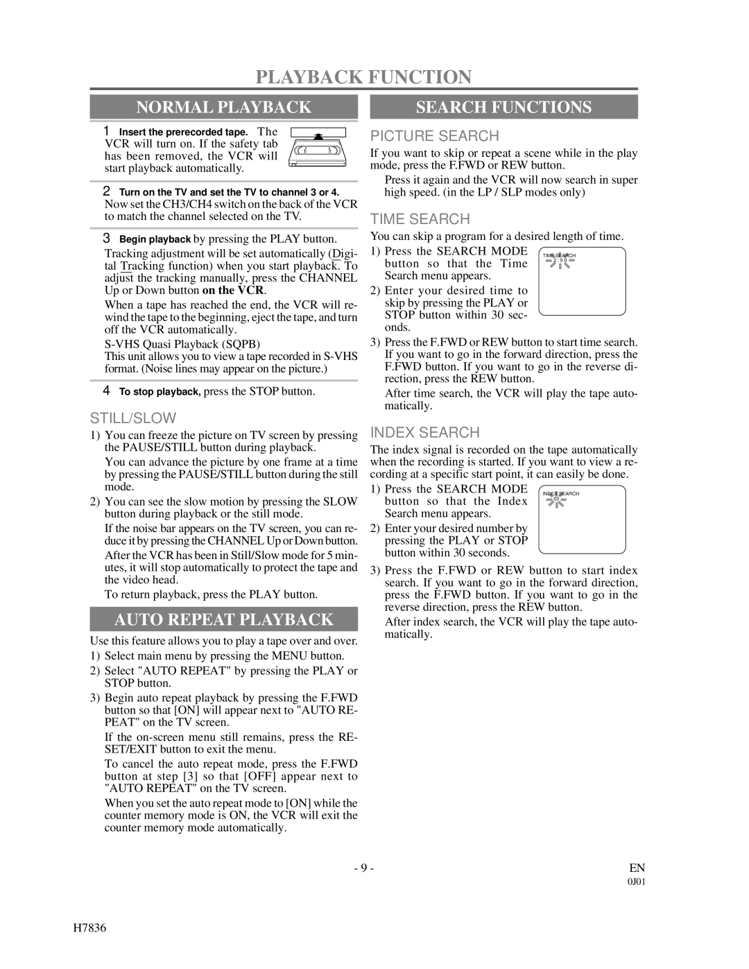 Emerson EWV401M owner manual Playback Function, Normal Playback Search Functions, Auto Repeat Playback 