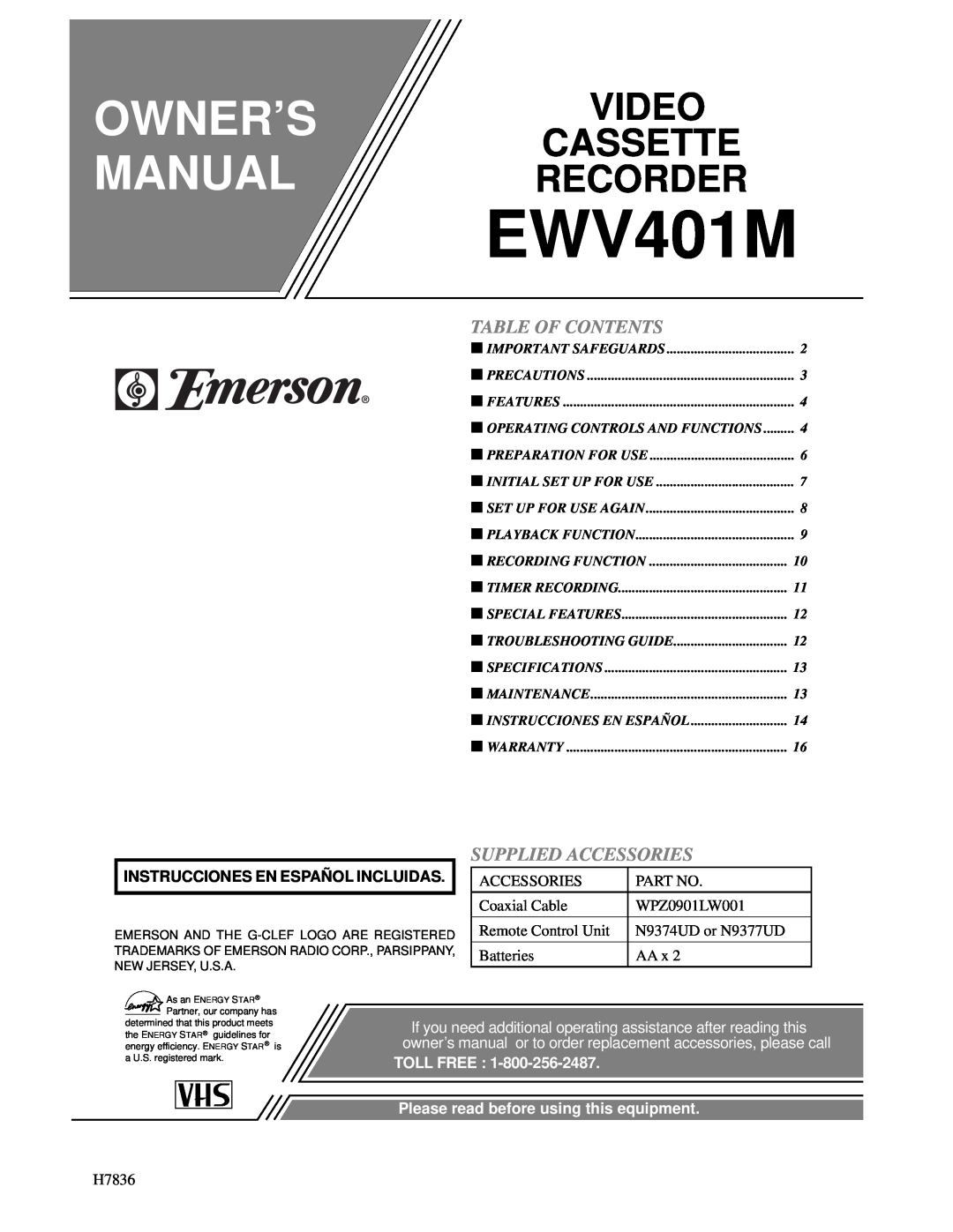Emerson EWV401M owner manual Table Of Contents, Supplied Accessories, Owner’S Manual, Video Cassette Recorder, Toll Free 