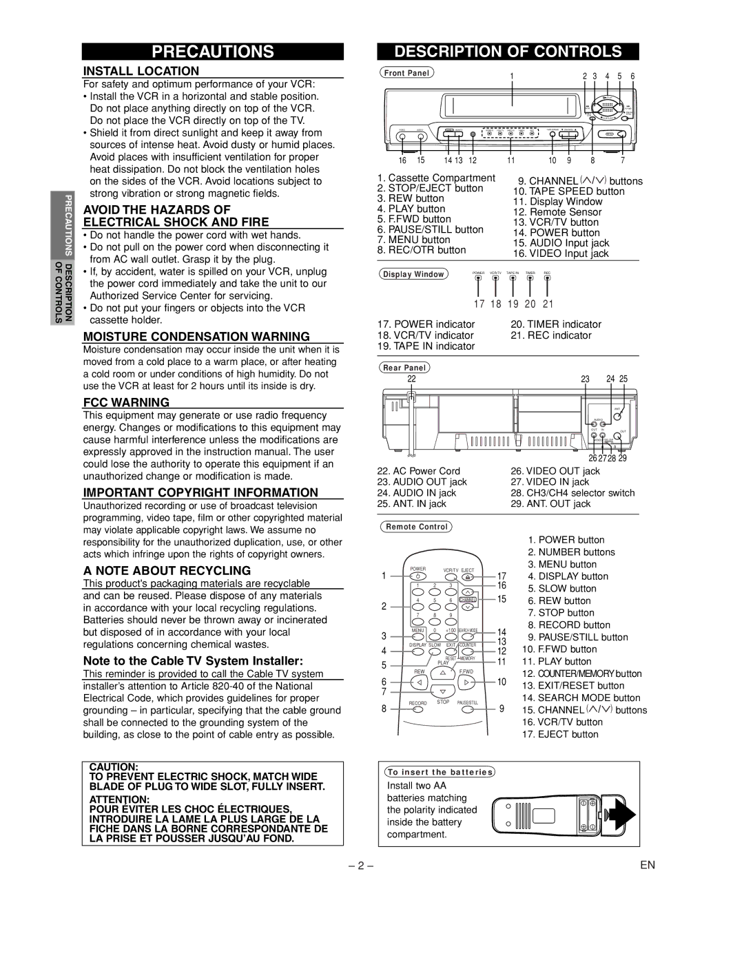 Emerson EWV402M owner manual Precautions 