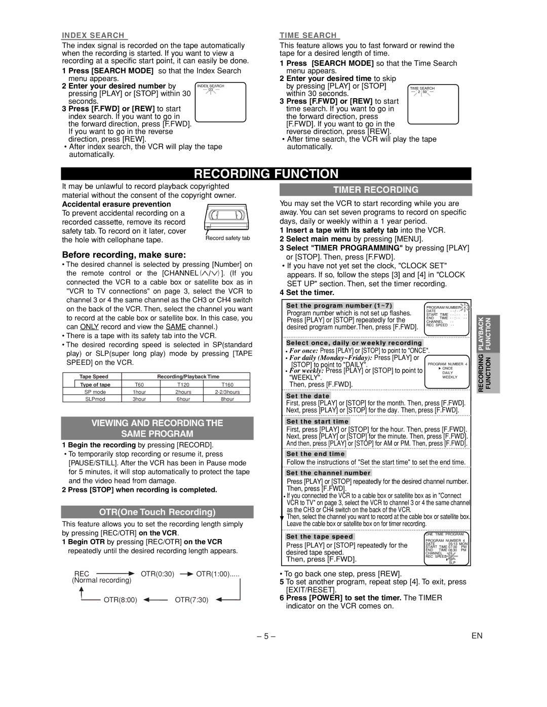 Emerson EWV402M Recording Function, Before recording, make sure, Viewing and Recording Same Program, Timer Recording 