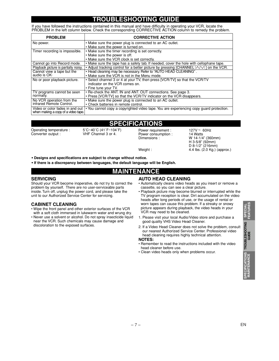 Emerson EWV402M owner manual Troubleshooting Guide, Specifications, Maintenance 