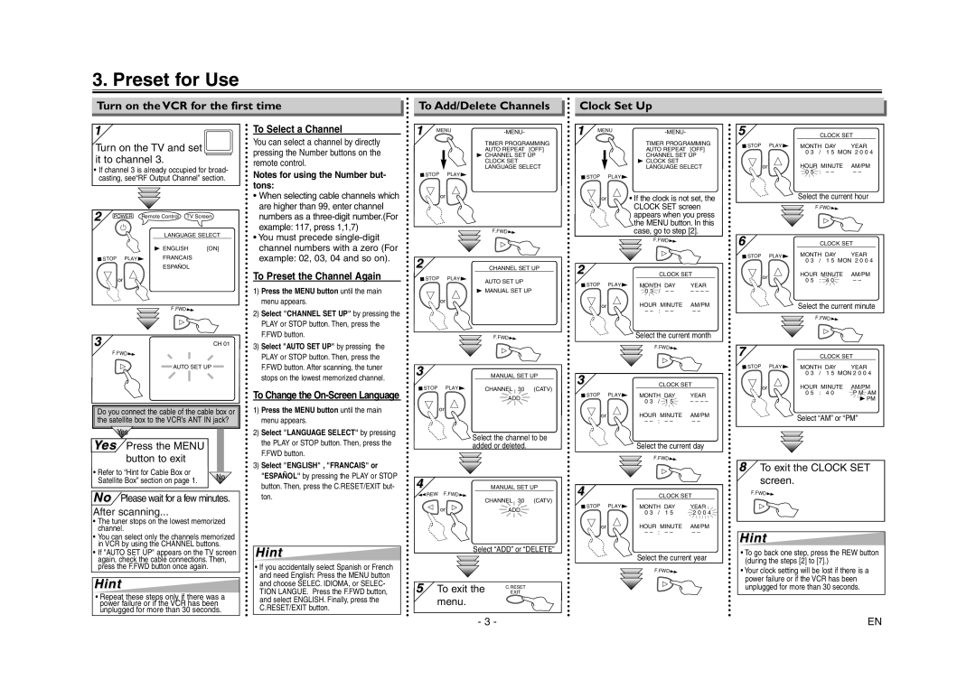 Emerson EWV403 owner manual Preset for Use, Hint 