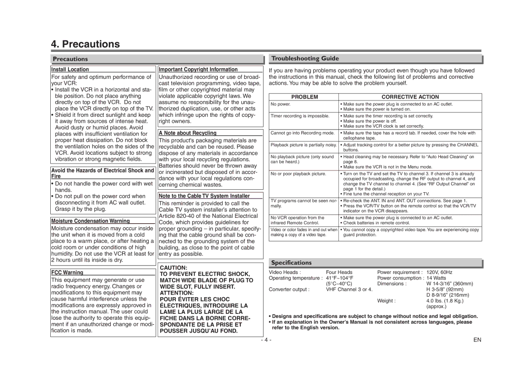 Emerson EWV403 owner manual Precautions Troubleshooting Guide, Specifications, Problem Corrective Action 