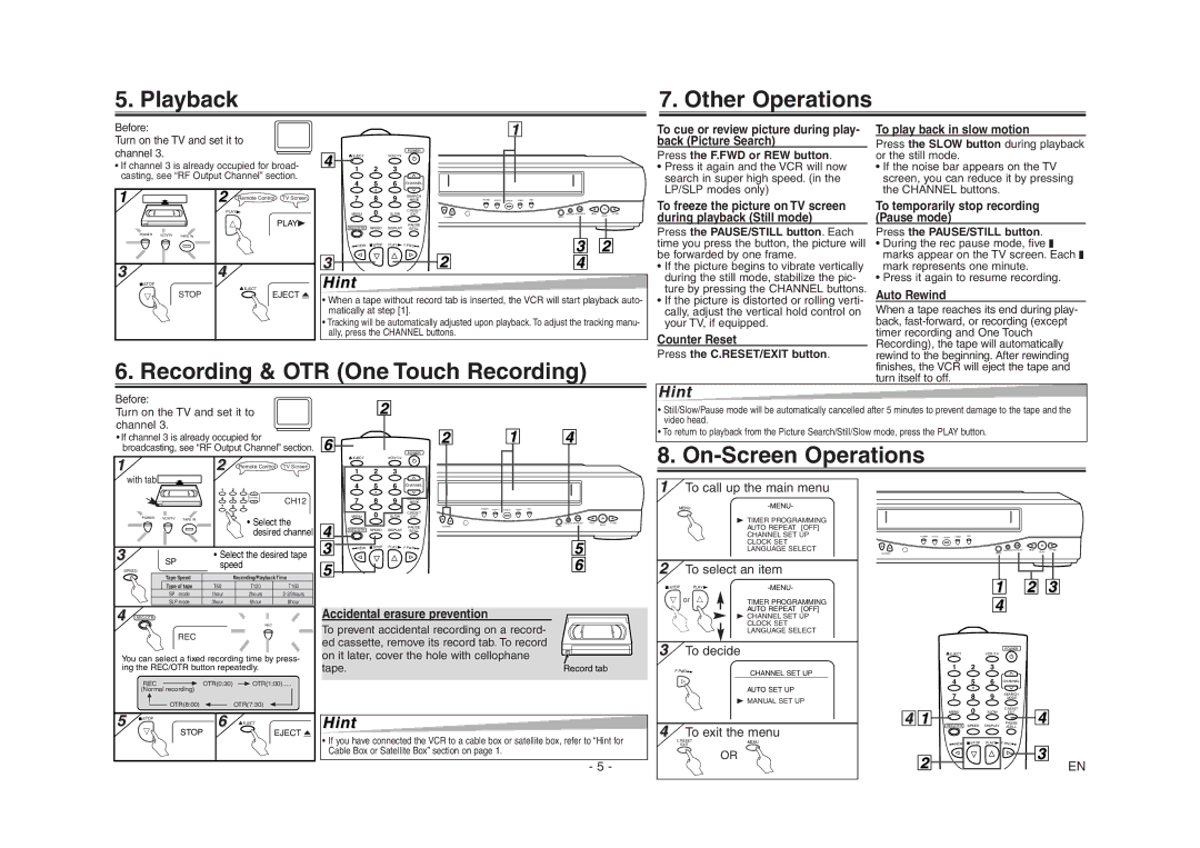 Emerson EWV403 owner manual Playback Other Operations, Recording & OTR One Touch Recording, On-Screen Operations 