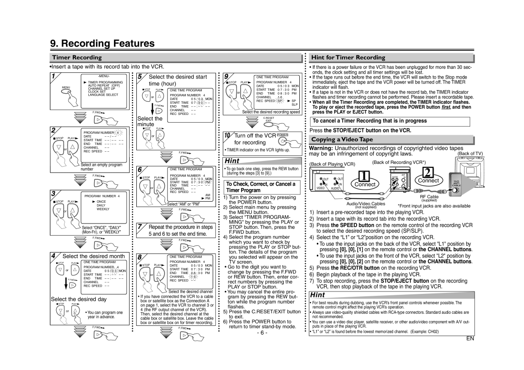 Emerson EWV403 owner manual Recording Features, Hint for Timer Recording, Copying a Video Tape 