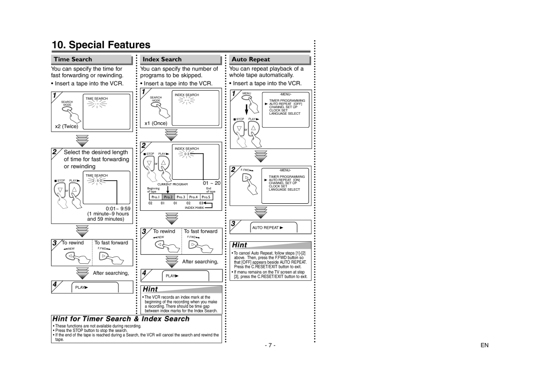 Emerson EWV403 owner manual Special Features, Hint for Timer Search & Index Search, Time Search, Auto Repeat 