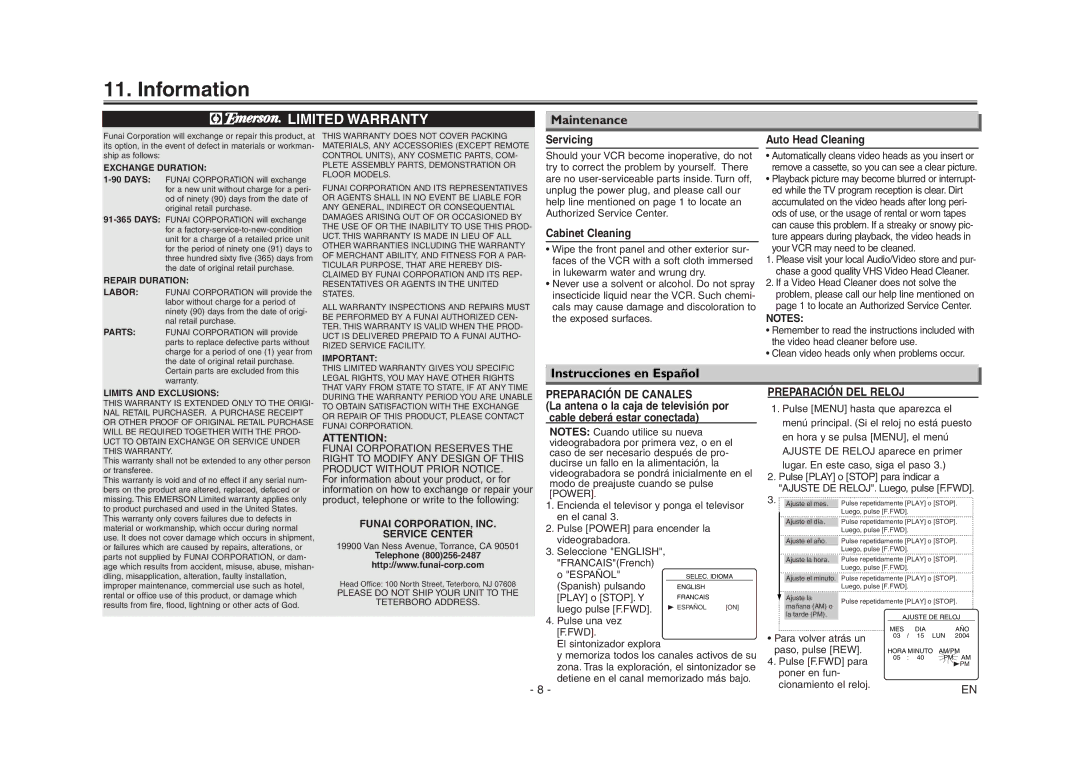 Emerson EWV403 owner manual Information, Maintenance, Instrucciones en Español 