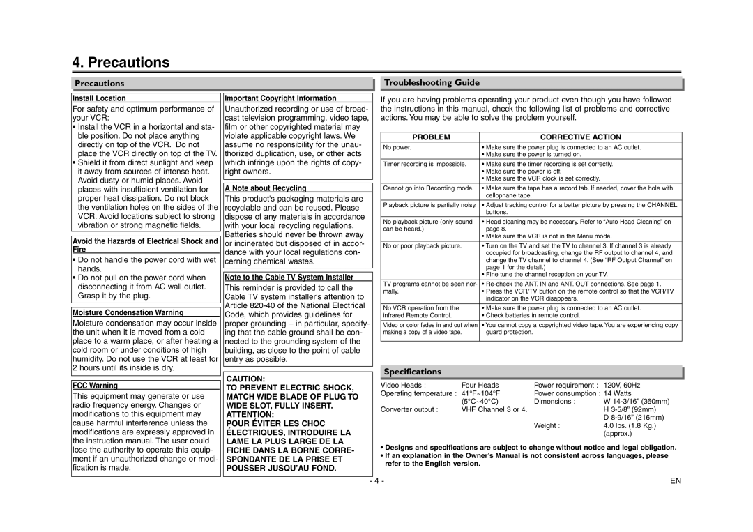 Emerson EWV404 owner manual Precautions, Specifications, Troubleshooting Guide, Problem Corrective Action 