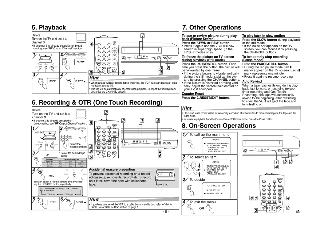 Emerson EWV404 owner manual Playback Other Operations, Recording & OTR One Touch Recording, On-Screen Operations 