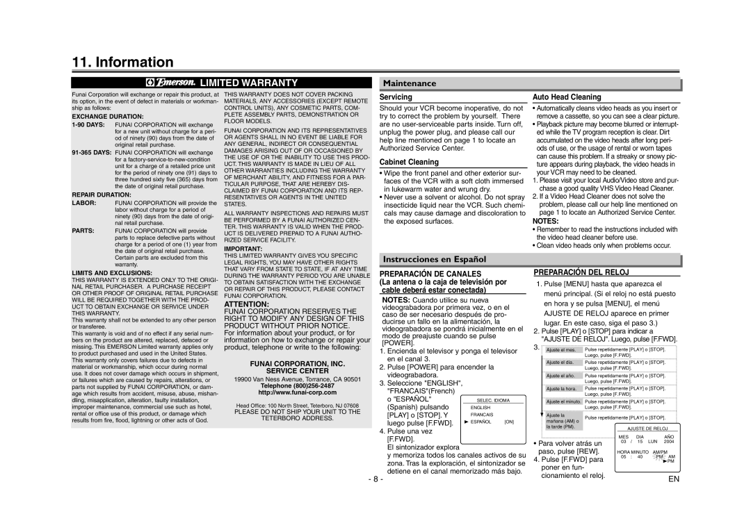 Emerson EWV404 owner manual Information, Instrucciones en Español, Maintenance 