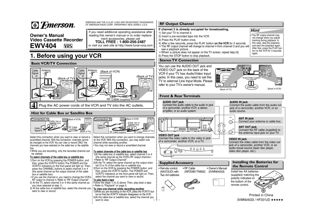 Emerson EWV404 owner manual Before using your VCR, HintHint, RF Output Channel, Basic VCR/TV Connection, Printed in China 