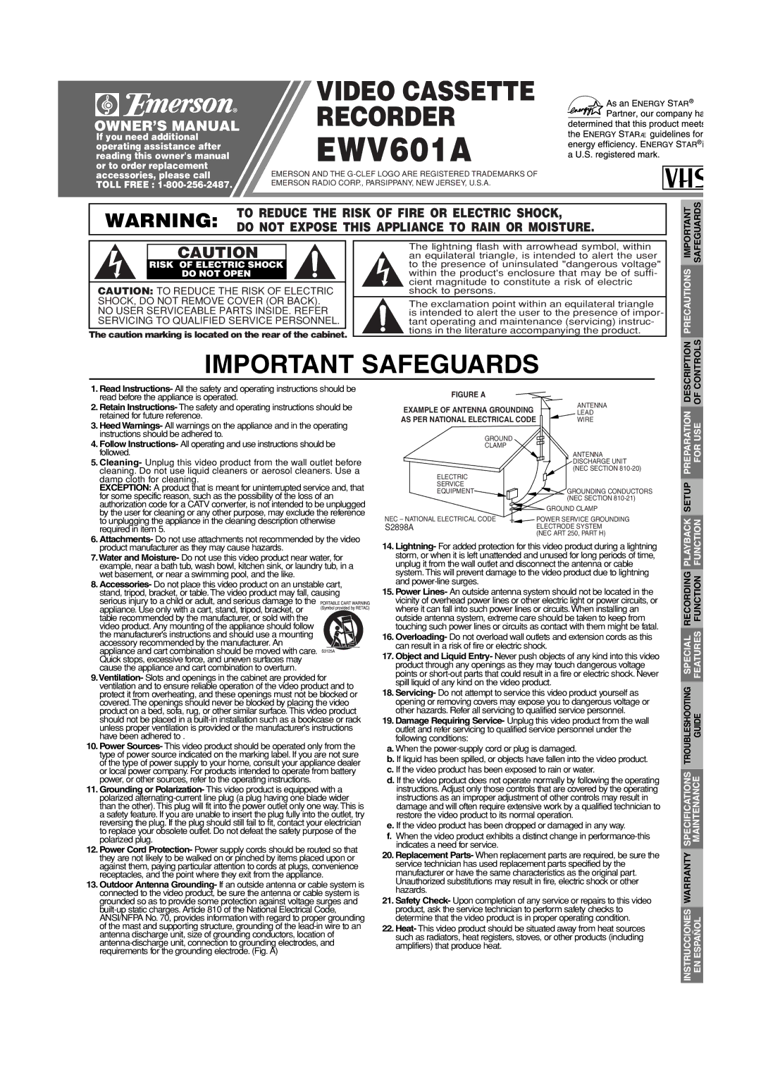 Emerson EWV601A warranty Safeguards, Risk of Electric Shock Do not Open, Precautions, Description Controls 