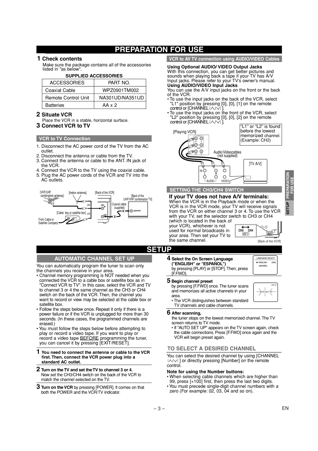 Emerson EWV601A warranty Preparation for USE, Setup, Automatic Channel SET UP, To Select a Desired Channel 