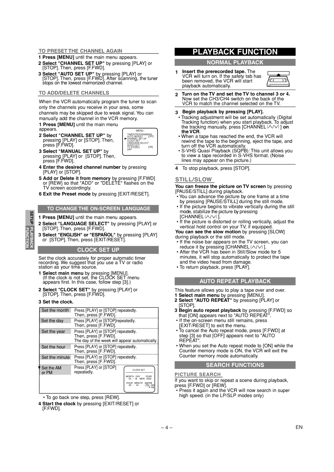 Emerson EWV601A warranty Playback Function, Normal Playback, Clock SET UP, Auto Repeat Playback, Search Functions 