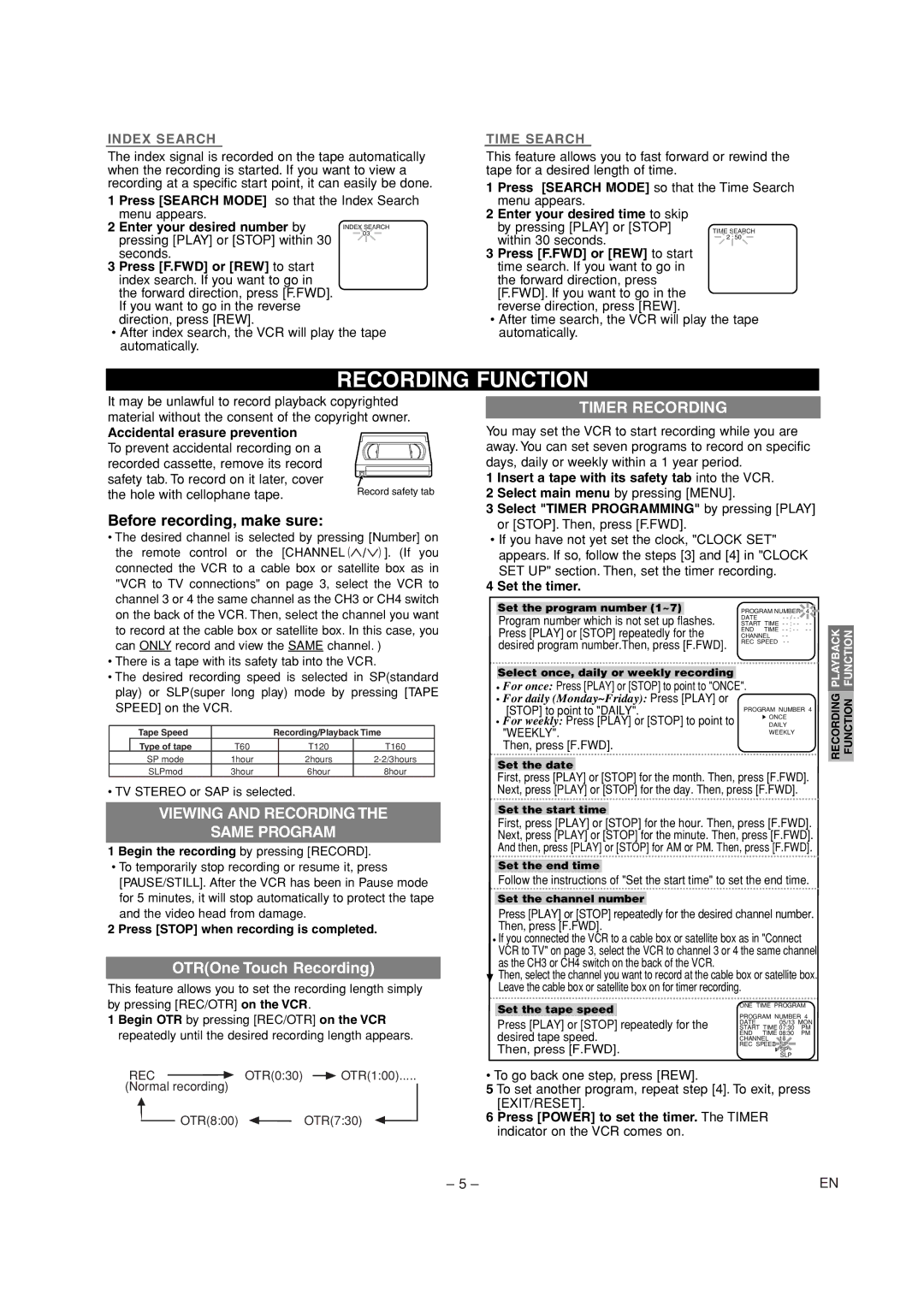 Emerson EWV601A Recording Function, Before recording, make sure, Viewing and Recording Same Program, Timer Recording 