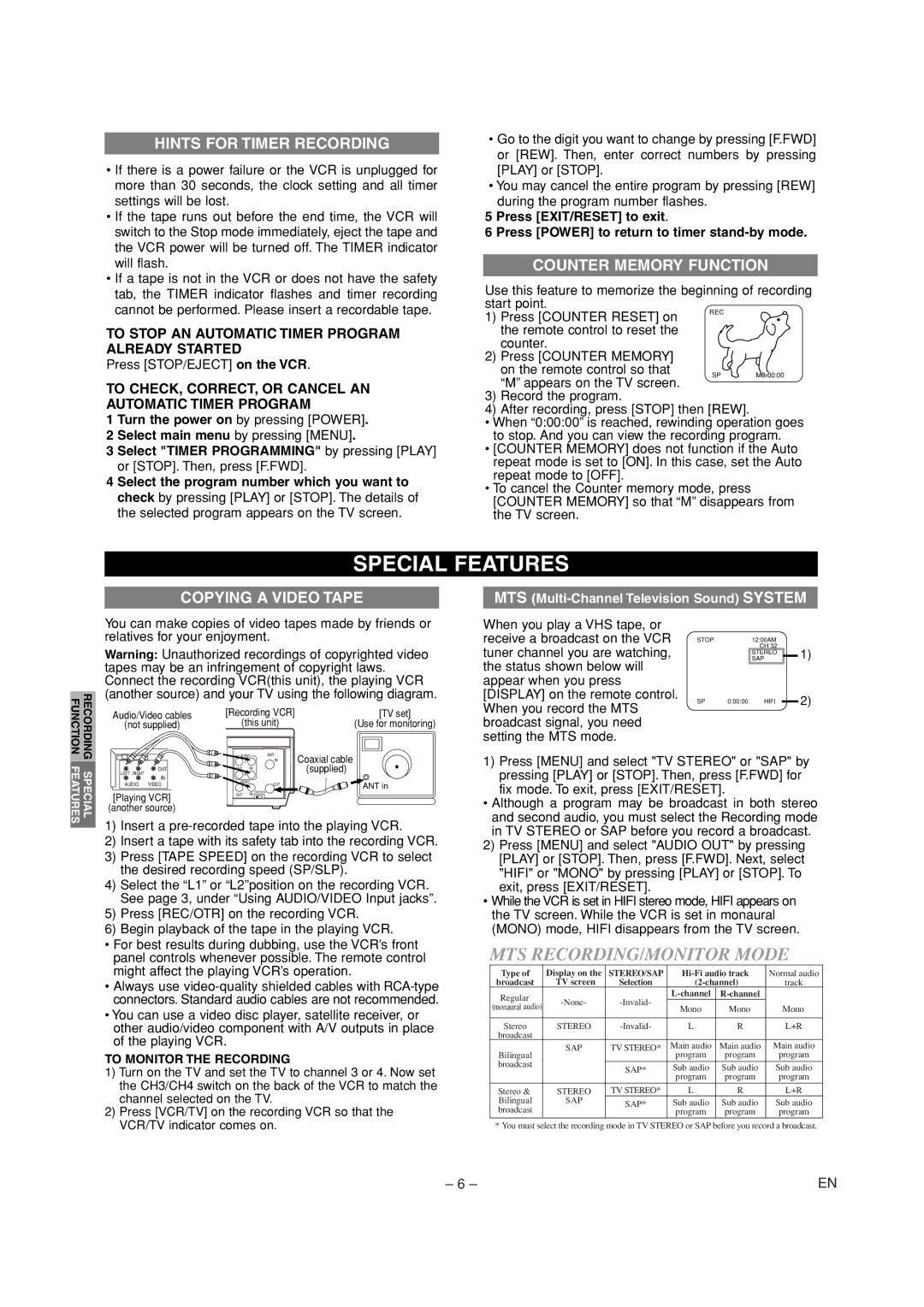 Emerson EWV601A warranty Special Features, Hints for Timer Recording, Counter Memory Function, Copying a Video Tape 