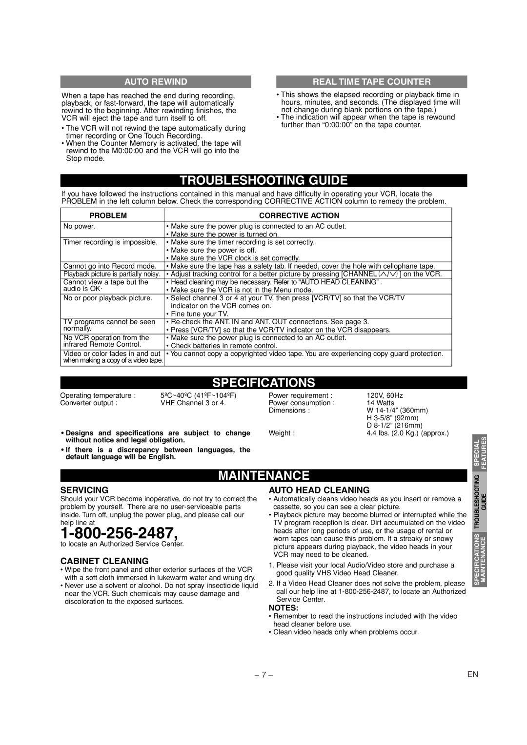 Emerson EWV601A warranty Troubleshooting Guide, Specifications, Maintenance, Auto Rewind, Real Time Tape Counter 