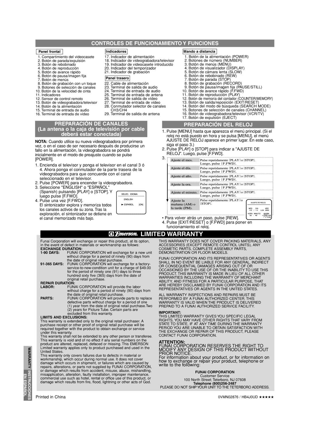 Emerson EWV601A warranty Controles DE Funcionamiento Y Funciones, Preparación DE Canales, Preparación DEL Reloj, Enespañol 