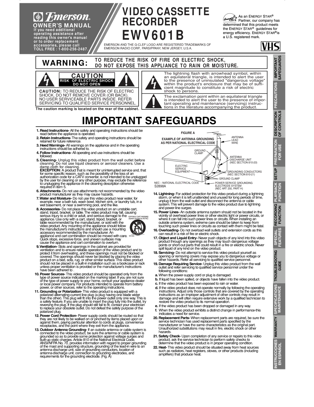 Emerson EWV601B warranty Risk of Electric Shock Do not Open, Precautions, Specifications Maintenance Warranty, EN Español 