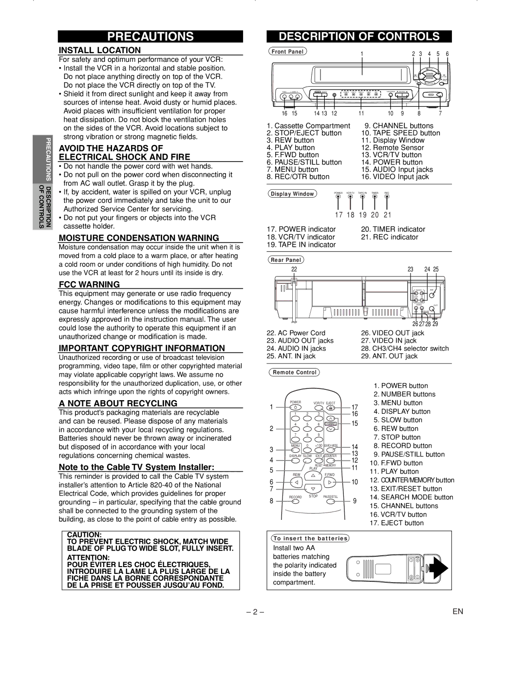 Emerson EWV601B Precautions, Install Location, Avoid the Hazards Electrical Shock and Fire, Moisture Condensation Warning 