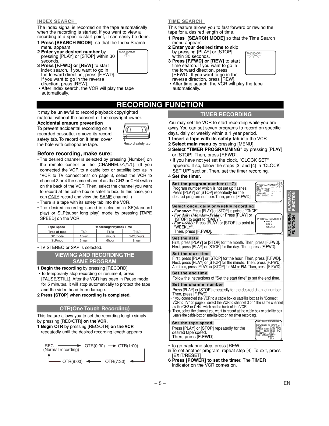 Emerson EWV601B Recording Function, Before recording, make sure, Viewing and Recording Same Program, Timer Recording 