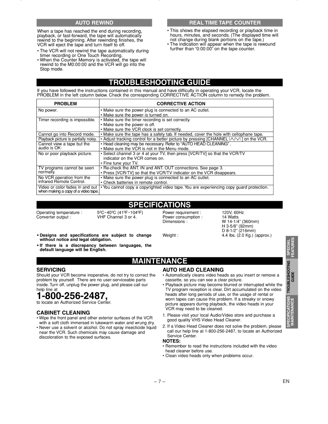 Emerson EWV601B warranty Troubleshooting Guide, Specifications, Maintenance, Auto Rewind, Real Time Tape Counter 