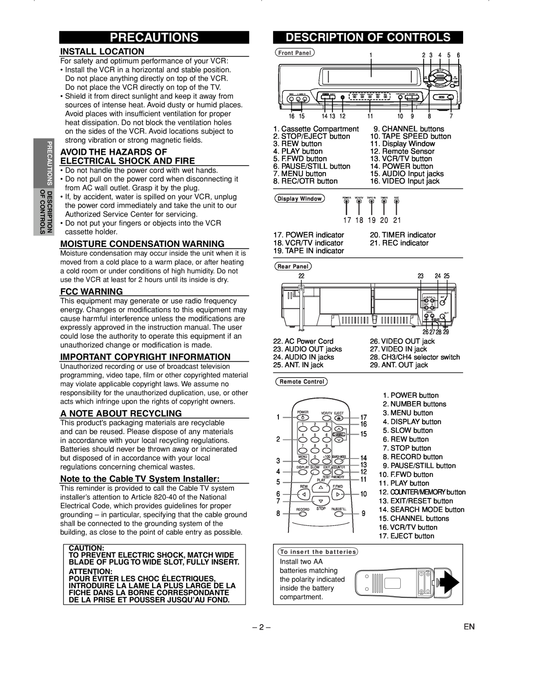 Emerson EWV601B warranty Precautions, Install Location, Avoid The Hazards Of Electrical Shock And Fire, Fcc Warning 