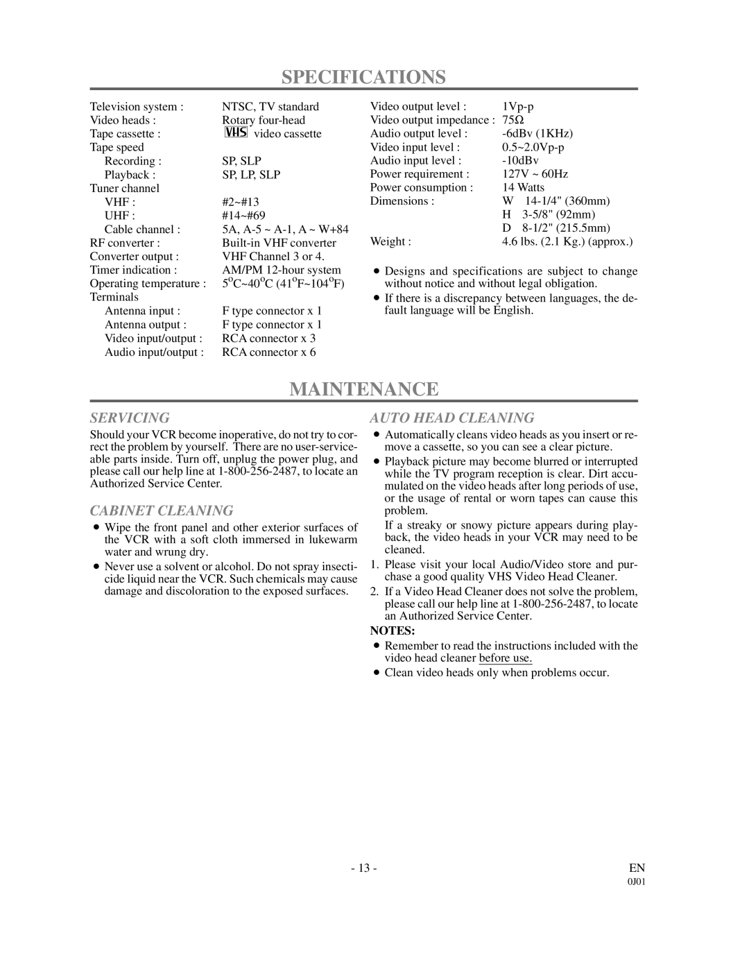 Emerson EWV601M owner manual Specifications, Maintenance, Servicing, Cabinet Cleaning, Auto Head Cleaning 