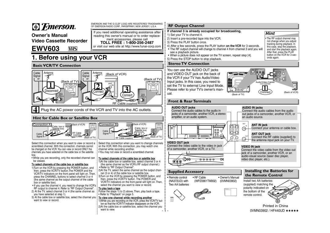 Emerson EWV603 owner manual Before using your VCR, HintHint 