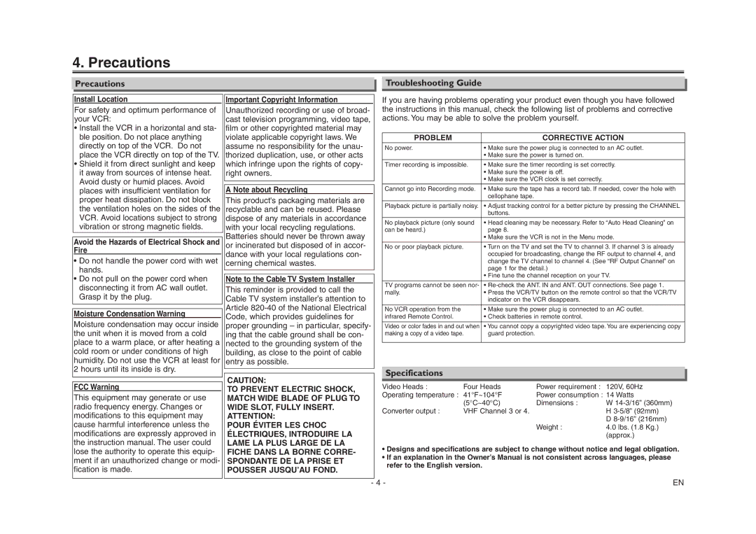 Emerson EWV603 Precautions Troubleshooting Guide, Specifications, For safety and optimum performance of your VCR 