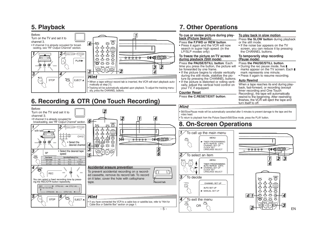 Emerson EWV603 owner manual Playback Other Operations, Recording & OTR One Touch Recording, On-Screen Operations, 11 22 