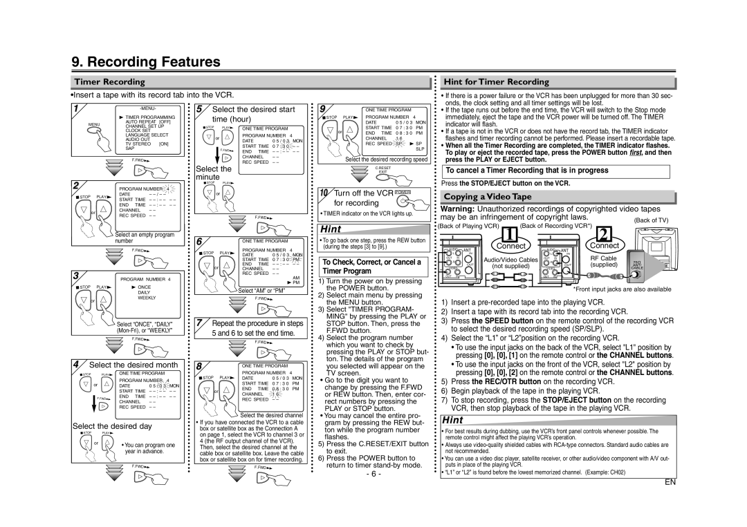 Emerson EWV603 owner manual Recording Features, Hint for Timer Recording, Copying a Video Tape 