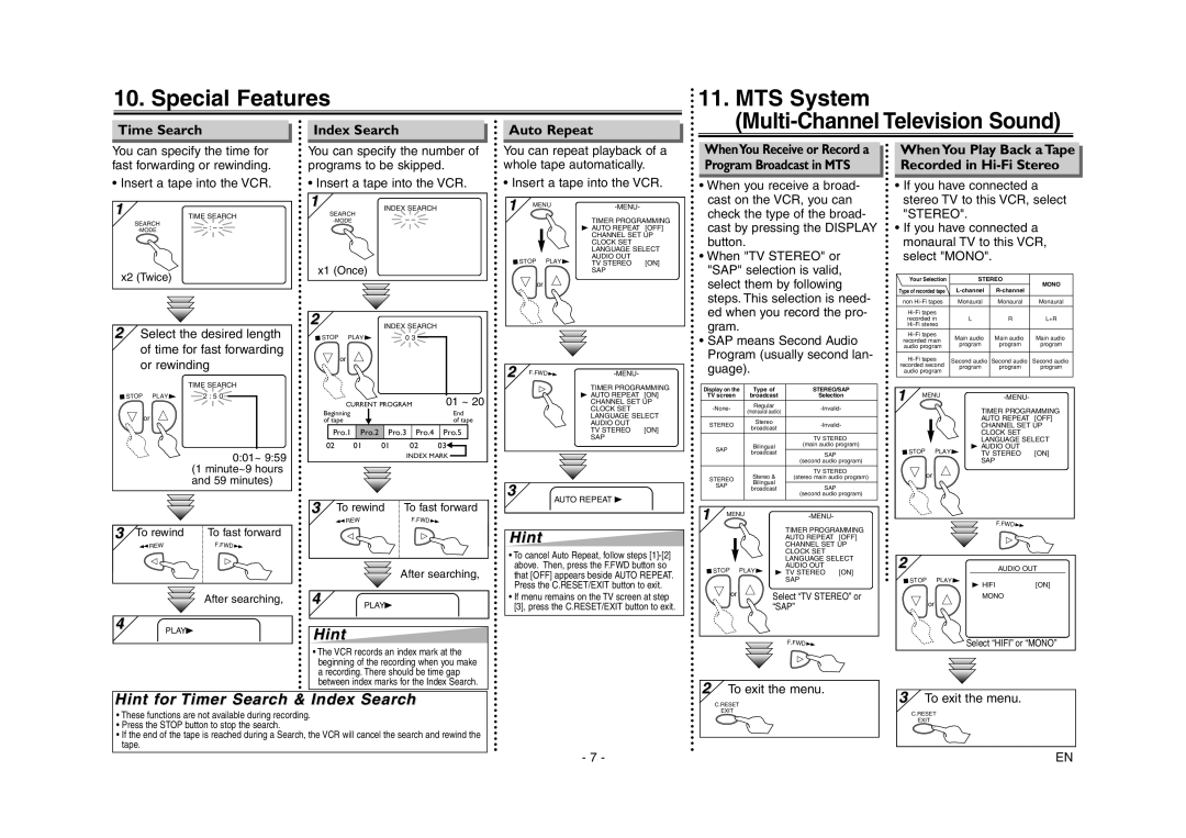 Emerson EWV603 Special Features MTS System, Hint for Timer Search & Index Search, Time Search Index Search Auto Repeat 